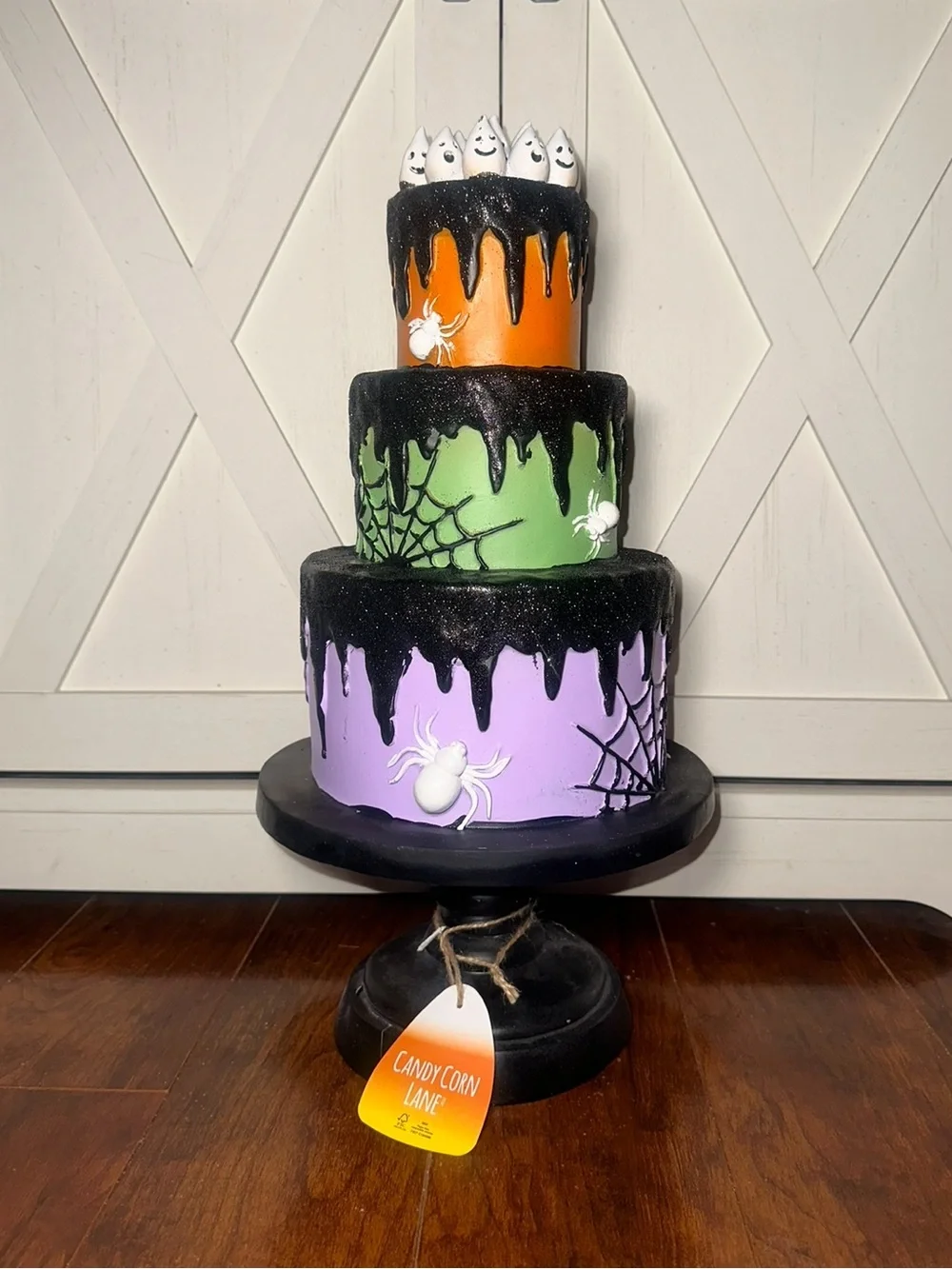 Candy Corn Lane Halloween Large 3 Tiered Cake Decor on Pedestal